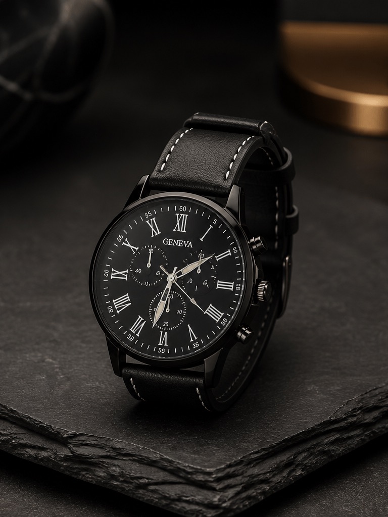 Geneva Sporty Black White Stitching Leather Band Black Face Quartz Timepiece